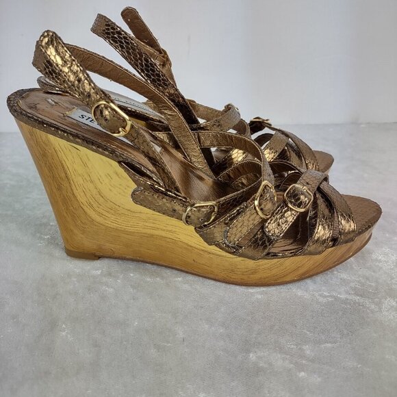Steve Madden (Leona) Bronze Snakeskin Print 4 Inch Strappy Wedges Size 7 - Picture 4 of 12